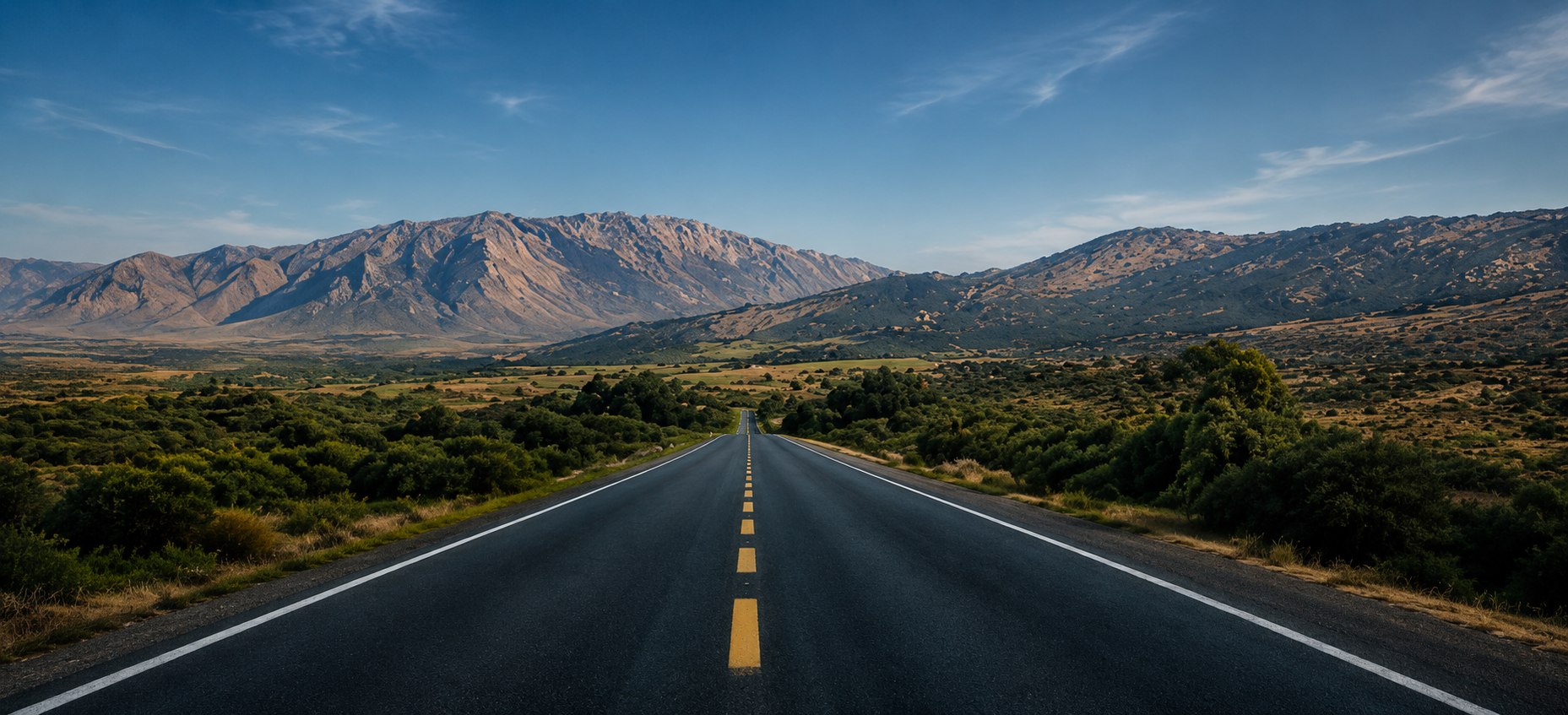 An open rugged road stretching toward distant mountains.